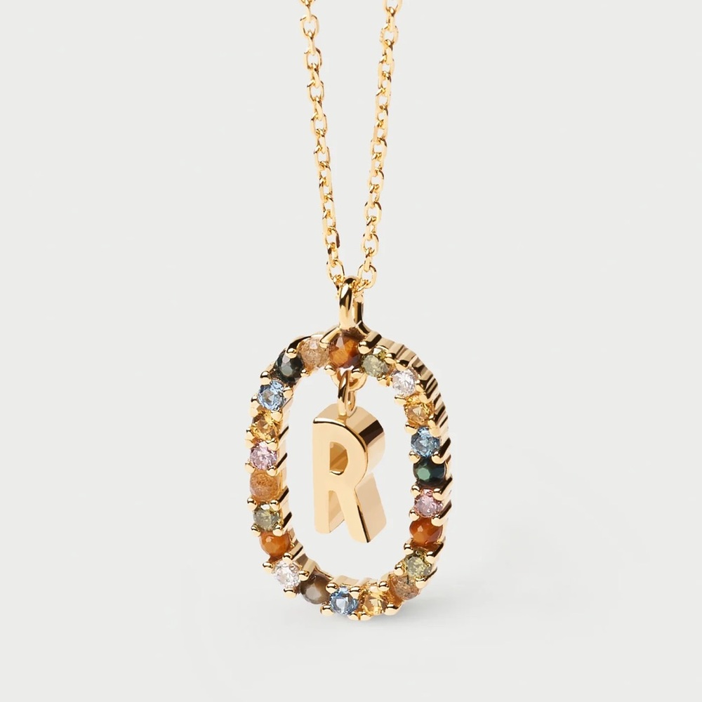 PDPAOLA 18k Gold Vermeil Sterling Silver 'R' Pendant Necklace Multi-Colored Gems